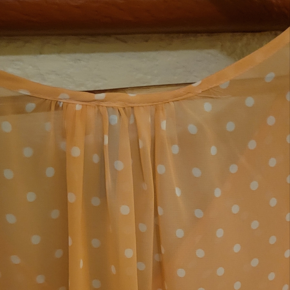 Sheer peach chiffon blouse with white polka-dots. Pearl and gold buttons. Size L - Picture 8 of 12